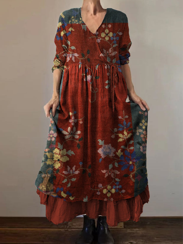 Retro Boho Floral Print Vintage V-Neck Double Hemline Cotton Long Sleeve Midi Dress