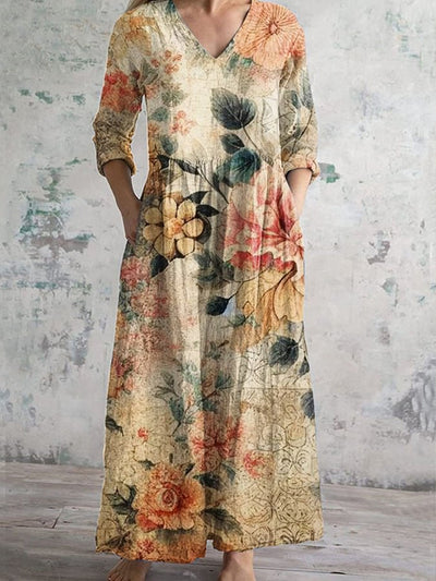 Retro Boho Floral Art Printed V-Neck Vintage Loose Long Sleeves Midi Dress