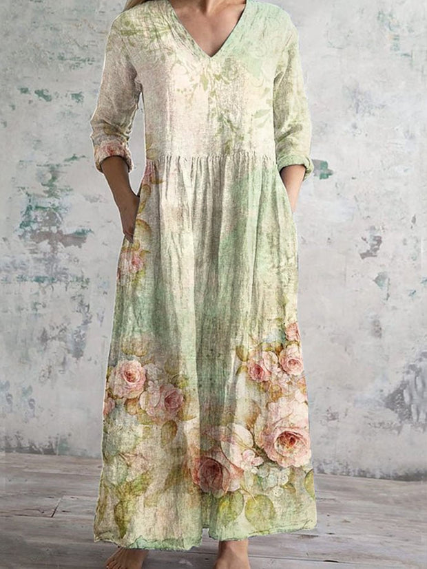 Retro Boho Floral Art Printed V-Neck Vintage Loose Long Sleeves Midi Dress