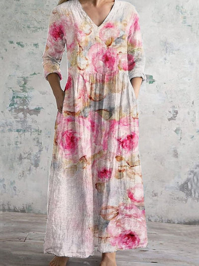 Retro Boho Floral Art Printed V-Neck Vintage Loose Long Sleeves Midi Dress