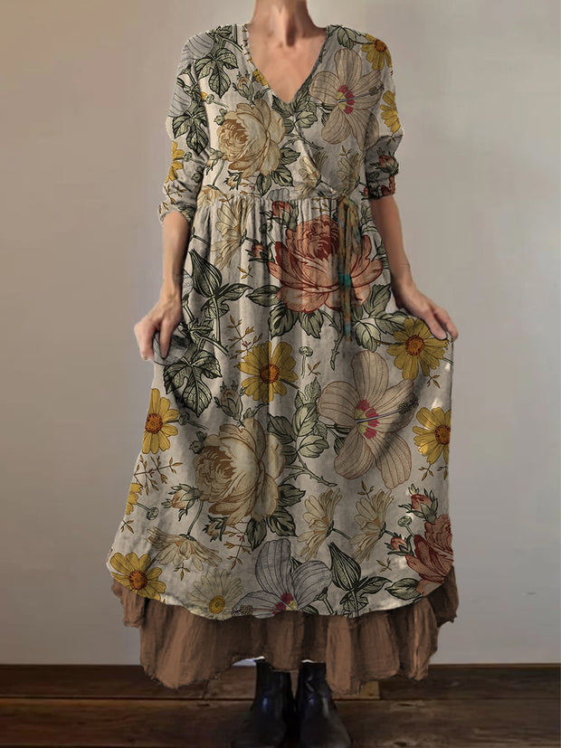 Retro Boho Floral Print Vintage V-Neck Double Hemline Cotton Long Sleeve Midi Dress