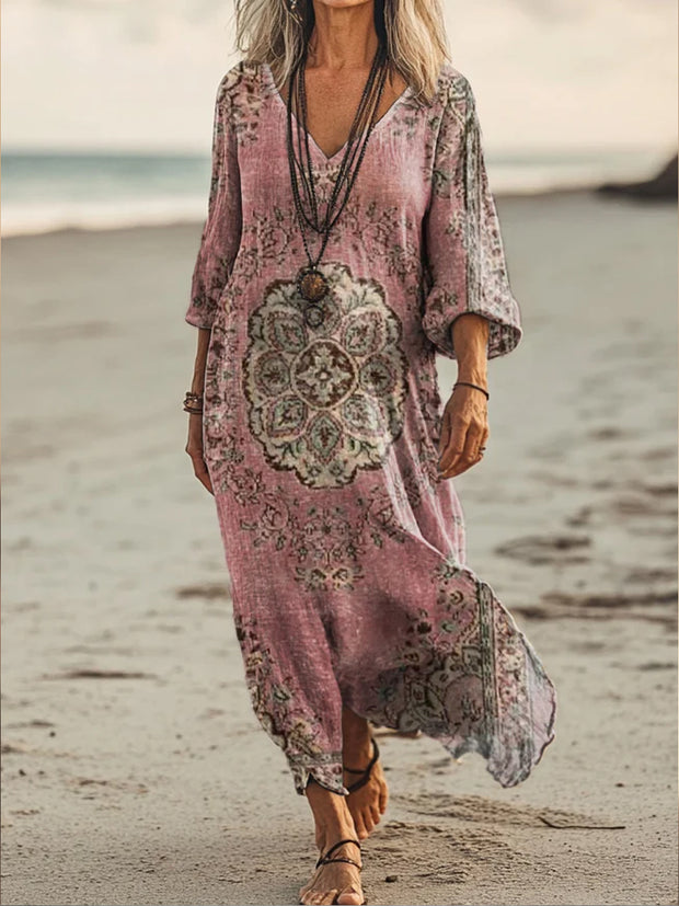 Retro Boho Floral Art Printed V-Neck Vintage Loose Long Sleeves Midi Dress