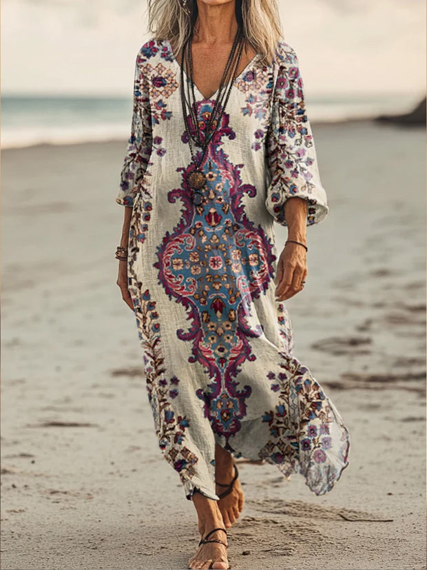 Retro Boho Floral Art Printed V-Neck Vintage Loose Long Sleeves Midi Dress