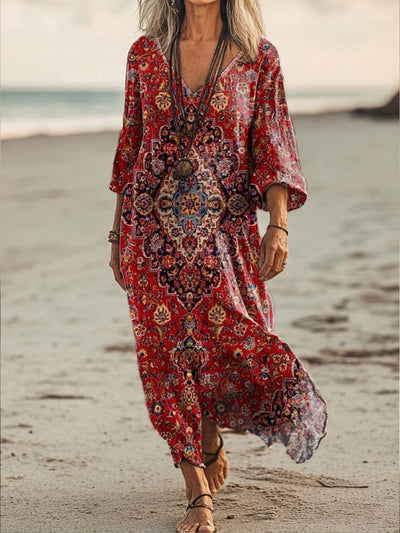 Retro Boho Floral Art Printed V-Neck Vintage Loose Long Sleeves Midi Dress