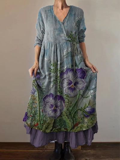 Retro Boho Floral Print Vintage V-Neck Double Hemline Cotton Long Sleeve Midi Dress