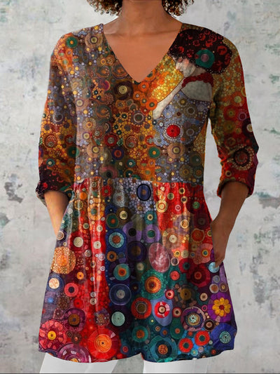 Retro Bohemian Floral Print Vintage Casual Cotton V Neck Long Sleeve T-Shirt