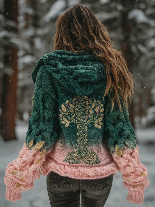 Women's Viking Tree Of Life Pattern  Gradient Multicolour Cardigan Knit Jacket