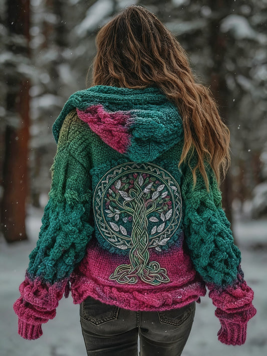 Women's Viking Tree Of Life Pattern  Gradient Multicolour Cardigan Knit Jacket