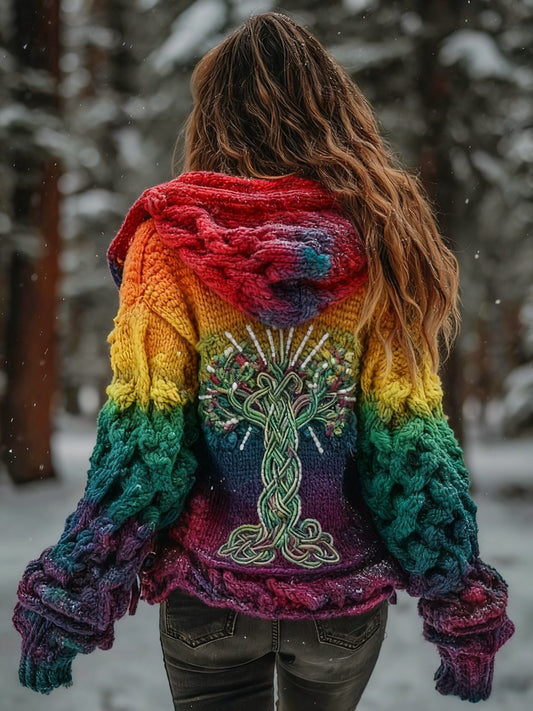 Women's Viking Tree Of Life Pattern  Gradient Multicolour Cardigan Knit Jacket