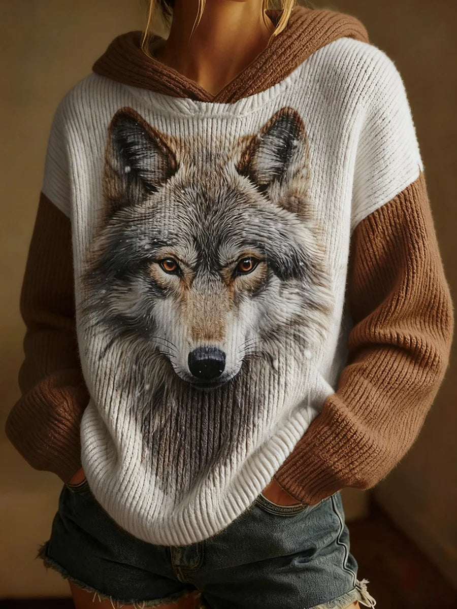 Women's Retro Wolf Art Print Casual Top