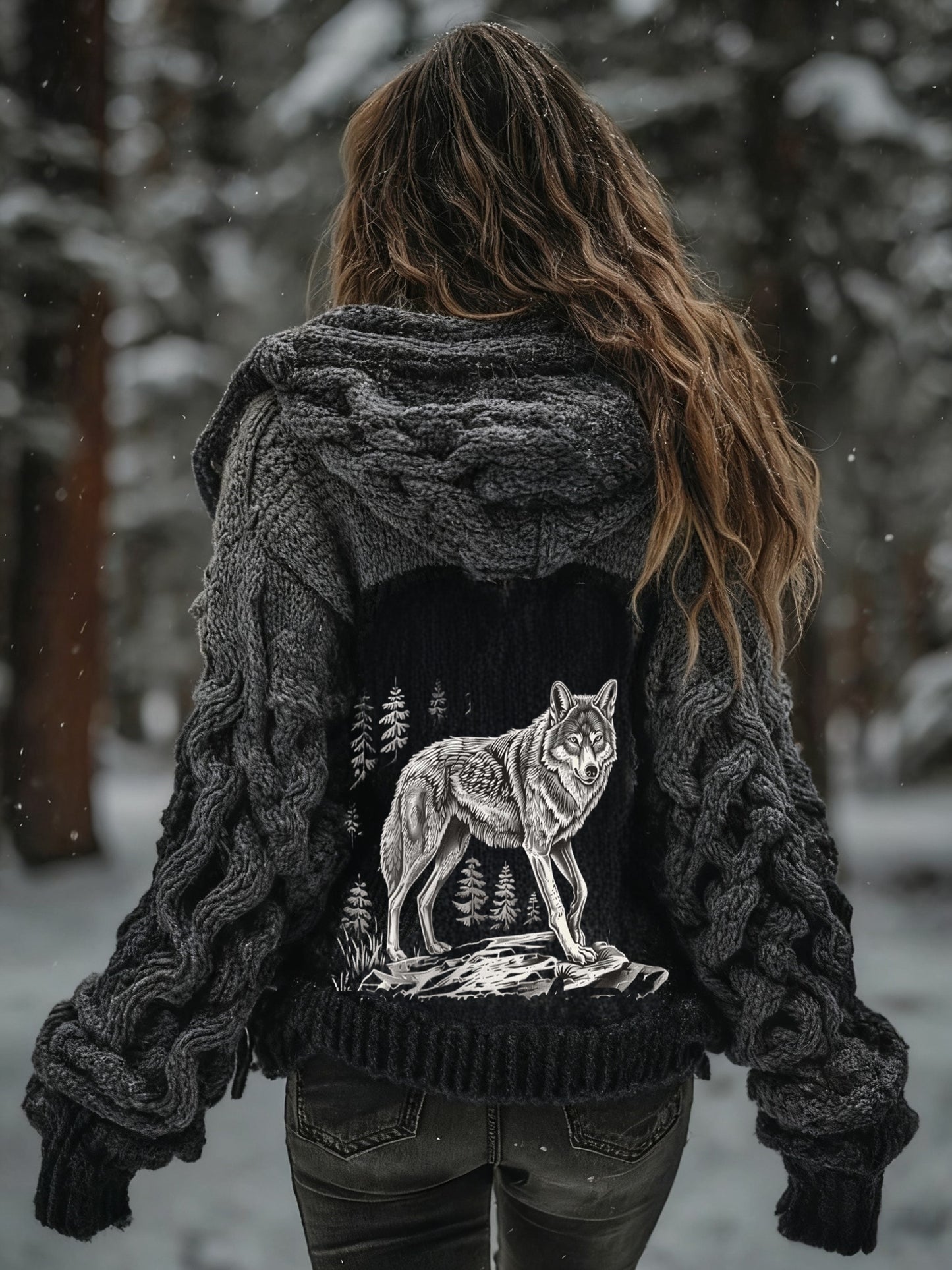 Women's  Viking Wolf Tree Of Life Pattern  Gradient Cardigan Knit Jacket
