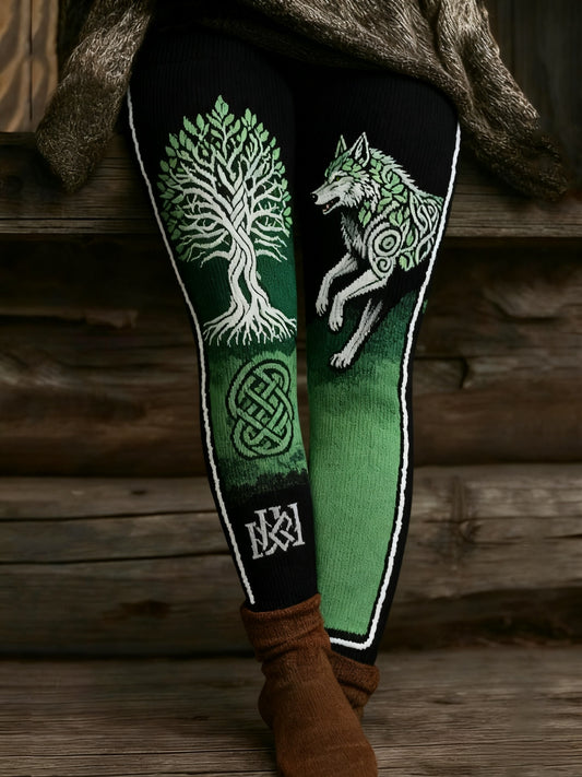 Women's Vintage Viking Wolf Celtic Knot Tree Of Life Patchwork Sports Stretch Leggings