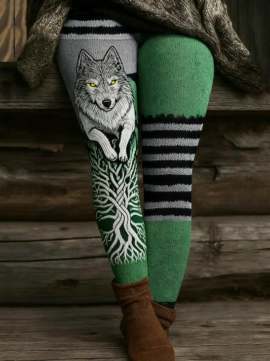 Women's Vintage Viking Wolf Celtic Knot Tree Of Life Patchwork Sports Stretch Leggings