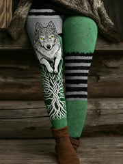 Women's Vintage Viking Wolf Celtic Knot Tree Of Life Patchwork Sports Stretch Leggings
