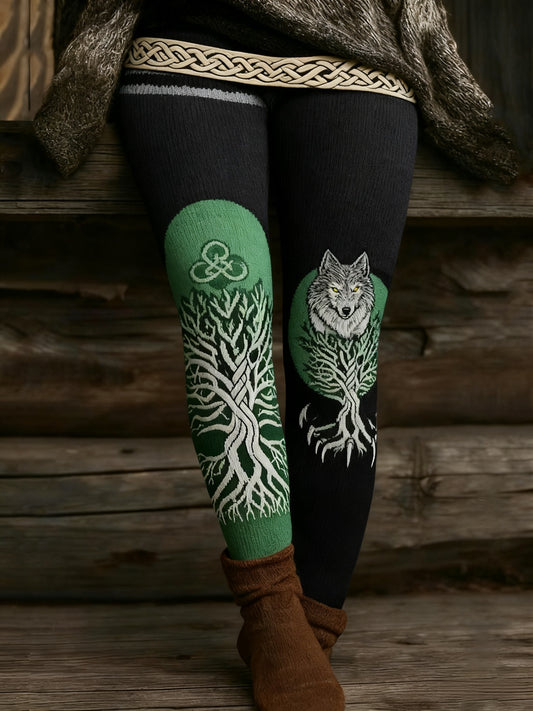 Women's Vintage Viking Wolf Celtic Knot Tree Of Life Patchwork Sports Stretch Leggings