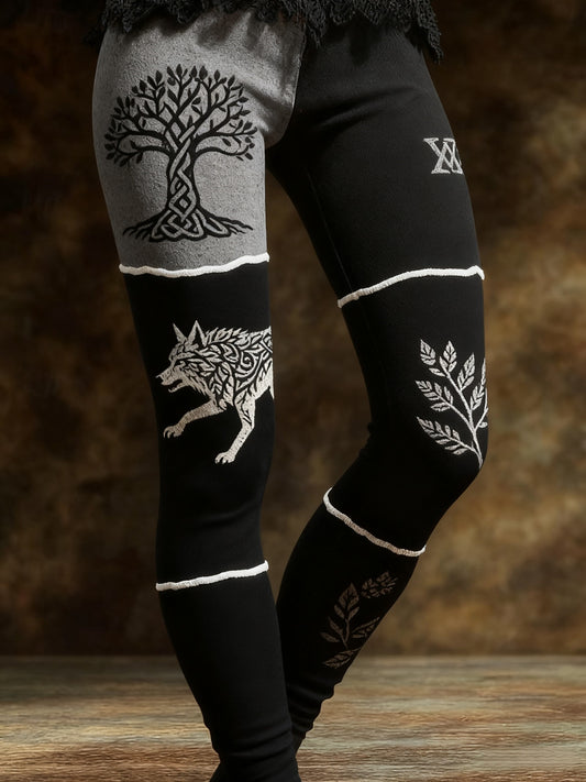 Women's Vintage Viking Wolf Celtic Knot Tree Of Life Patchwork Sports Stretch Leggings