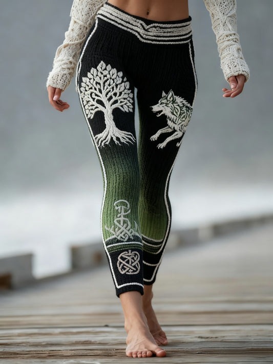 Women's Vintage Viking Wolf Celtic Knot Tree Of Life Gradient Sports Stretch Leggings