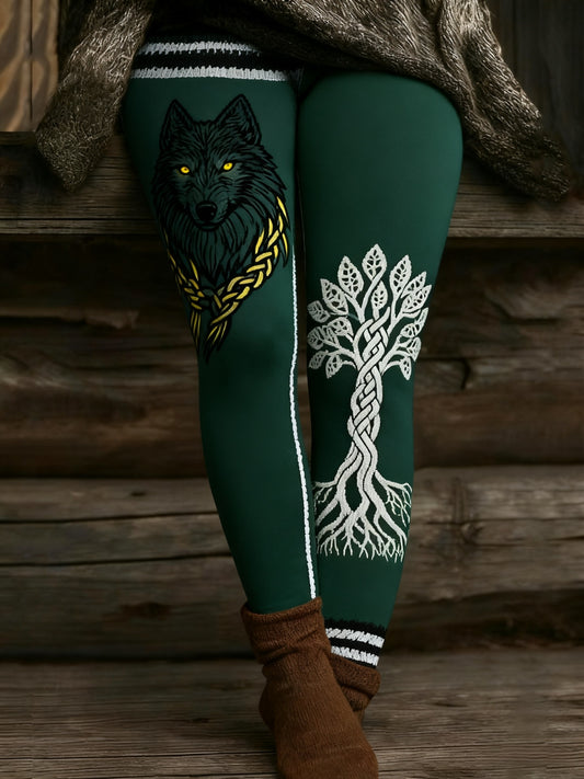 Women's Vintage Viking Wolf Celtic Knot Tree Of Life Patchwork Sports Stretch Leggings