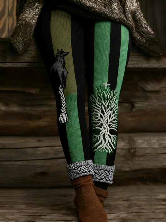 Women's Vintage Viking Wolf Celtic Knot Tree Of Life Patchwork Sports Stretch Leggings