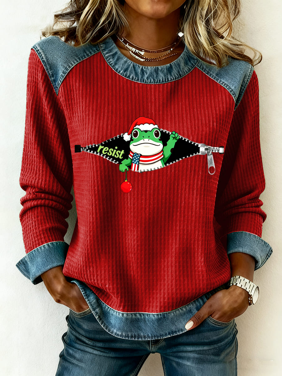 Women's Merry Resistmas Resist Frog Denim Patchwork Top