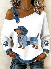 Women's Lovely Dachshund Pattern Denim Patchwork Top