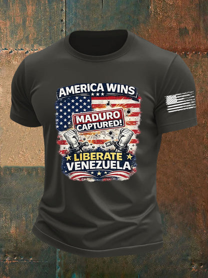 Men's America Wins Maduro Captured Liberate Venezuela Freedom Printed T-shirt