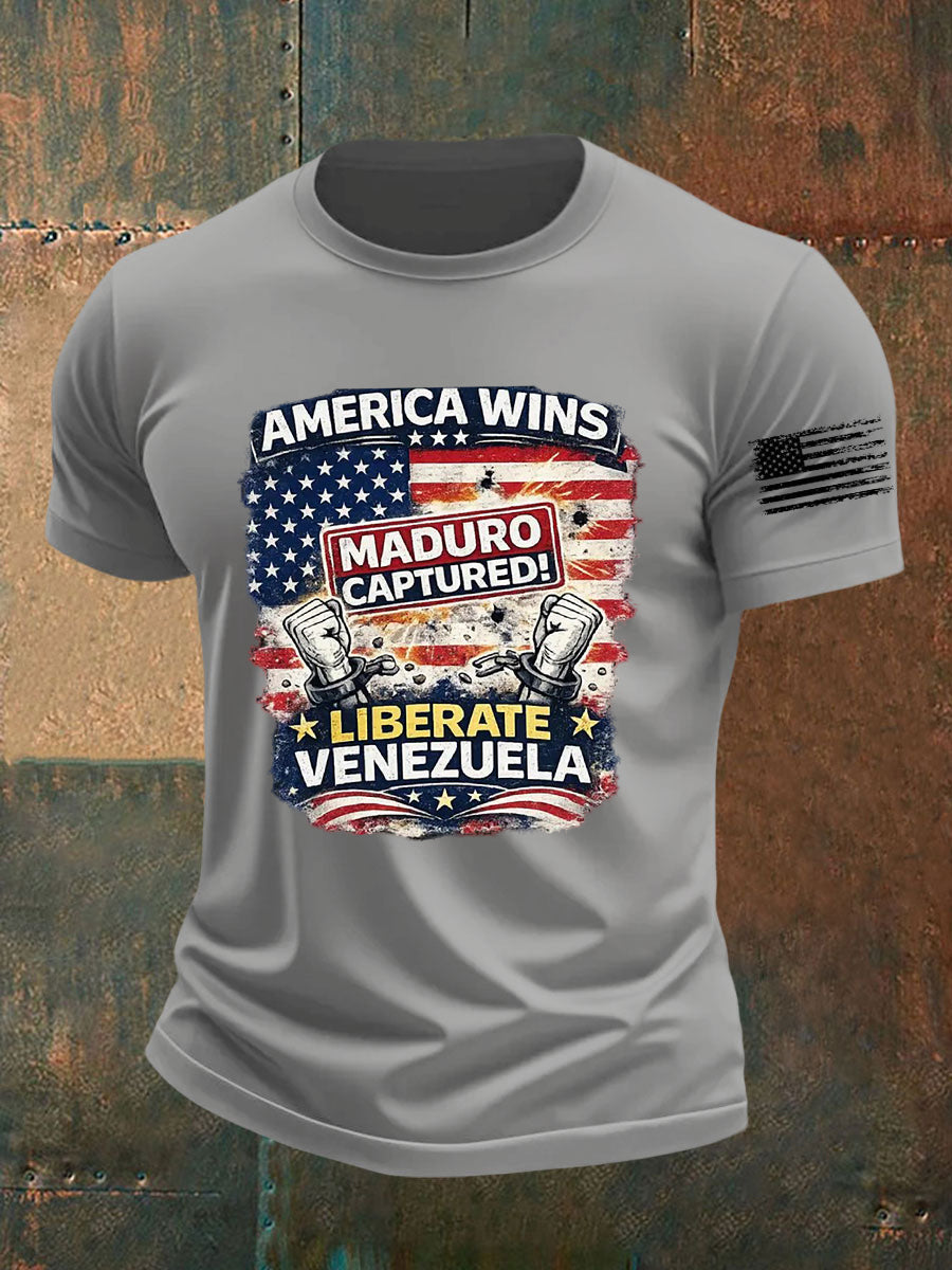 Men's America Wins Maduro Captured Liberate Venezuela Freedom Printed T-shirt