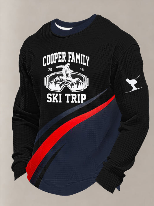 Men's Winter Sports 2026 Skiing Print Waffle Long Sleeve Sweatshirt