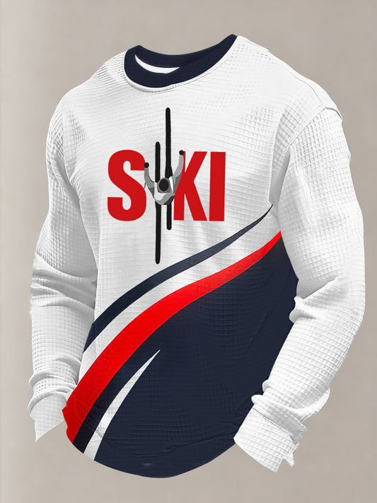 Men's Winter Sports 2026 Skiing Print Waffle Long Sleeve Sweatshirt