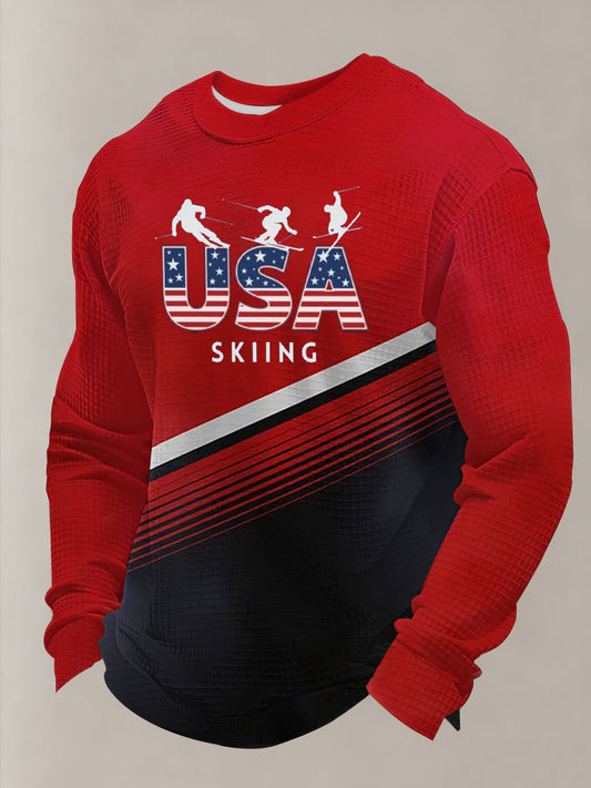 Men's Winter Sports 2026 Skiing Print Waffle Long Sleeve Sweatshirt