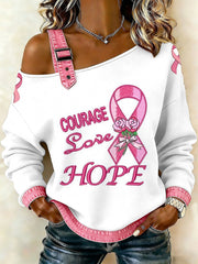 Women's Breast Cancer Printed One Shoulder Suspender Casual Sweater