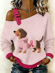 Women's   Retro Dachshund Breast Cancer Awareness Casual Knit Top