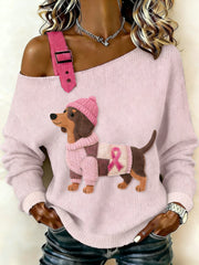 Women's   Retro Dachshund Breast Cancer Awareness Casual Knit Top