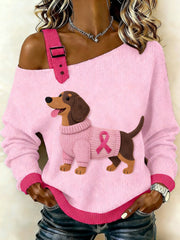 Women's   Retro Dachshund Breast Cancer Awareness Casual Knit Top