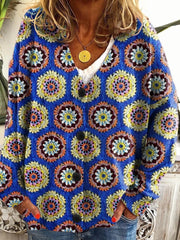 Women's Abstract Geometric Patchwork Art Print Buttoned V-neck Cardigan Sweater