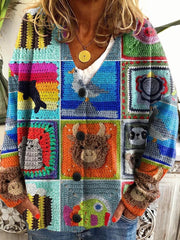 Women's Abstract Geometric Patchwork Art Print Buttoned V-neck Cardigan Sweater