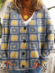 Women's Abstract Geometric Patchwork Art Print Buttoned V-neck Cardigan Sweater