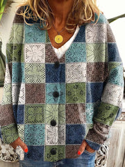 Women's Abstract Geometric Patchwork Art Print Buttoned V-neck Cardigan Sweater