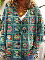 Women's Abstract Geometric Patchwork Art Print Buttoned V-neck Cardigan Sweater
