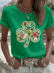 Women's St. Patrick's Day Pearl Shamrock Print Casual T-Shirt