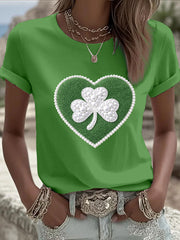 Women's St. Patrick's Day Pearl Shamrock Print Casual T-Shirt