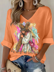 Women's Oh How He Loves Us Christian Easter Print Casual Long-Sleeve Waffle T-shirt