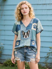 Women's Lovely French Bulldog Pattern Patchwork Art Linen Shirt