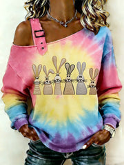 Women's Easter Cute Bunny Tie-Dye Print Casual Off-Shoulder Top