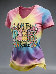 Women's Easter Oh For Peeps Sake Tie-Dye Print Casual V-Neck Tee