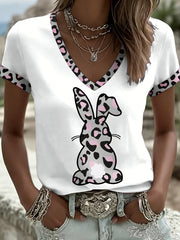 Women's Easter Bunny Animal Print V-Neck T-Shirt