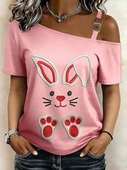 Women's Easter Bunny Printed One Shoulder Casual T-Shirt