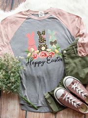 Women's Easter Bunny Animal Print Crew Neck Raglan Sleeve T-Shirt