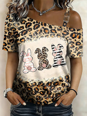 Women's Easter Bunny Printed One Shoulder Casual T-Shirt