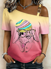 Women's Easter Bunny Printed One Shoulder Casual T-Shirt